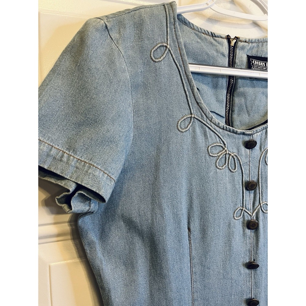 90s Chorus Blues Denim Midi Dress Blue Embroidered Western Button Front S - Picture 3 of 4